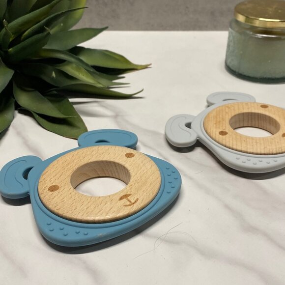 Bear Baby Teether Toys Set of 2, Gray, Blue, Sensory Baby Toy, Woodland Theme - Picture 2 of 2